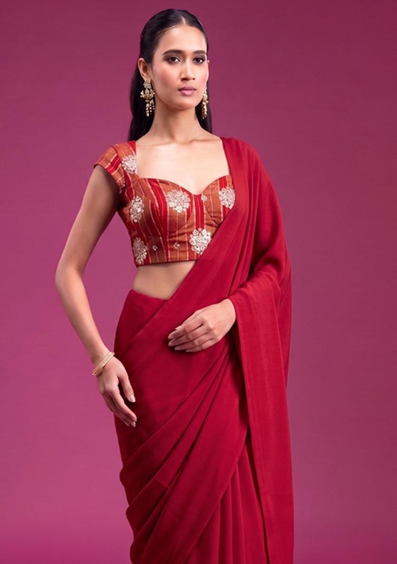 Maroon Tissue Pre Draped Saree Set - Indya