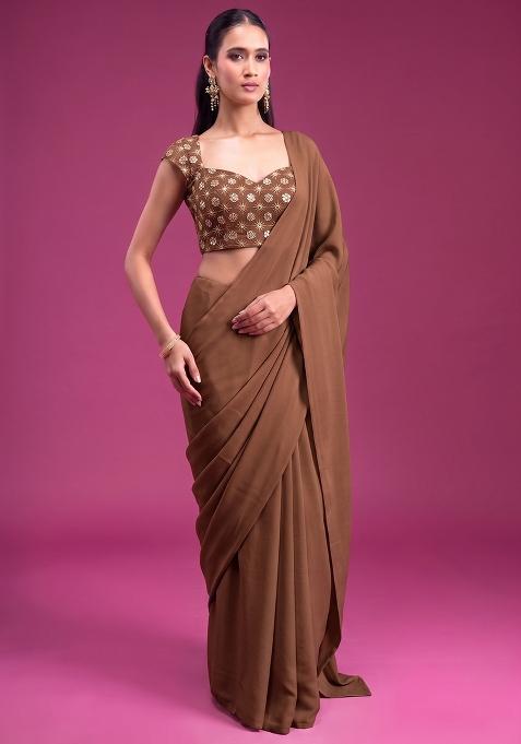 Brown Zari Cosmos Pre Draped Saree Set