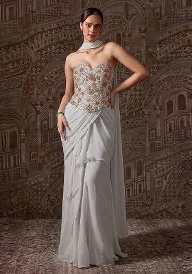 Grey Printed Crepe Pre Draped Saree Set
