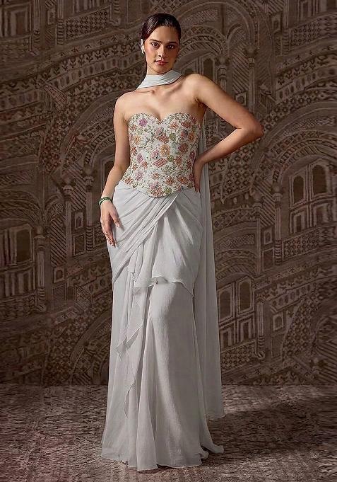 Grey Printed Crepe Pre Draped Saree Set