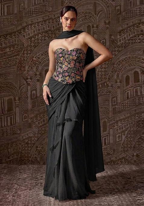 Black Printed Crepe Pre Draped Saree Set