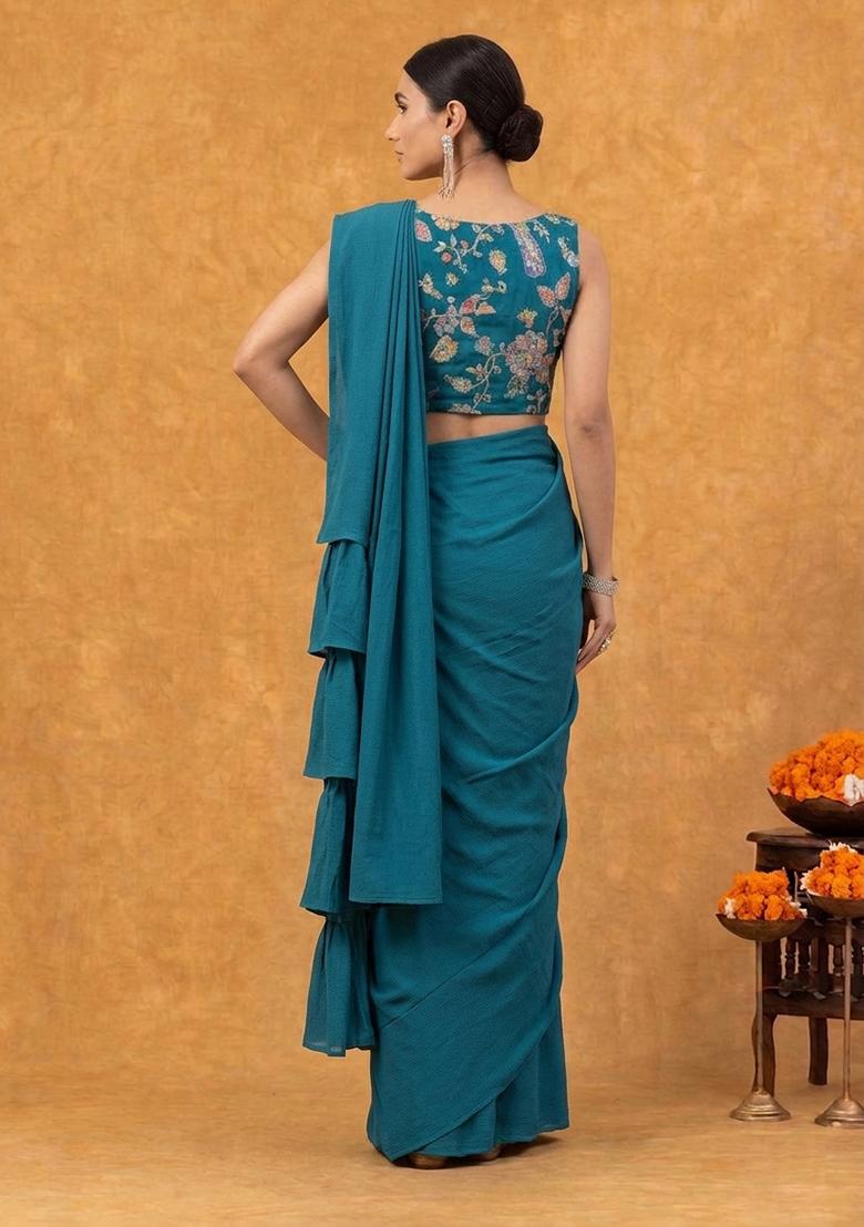 Deep Teal Printed Crepe Pre Draped Saree Set - Indya