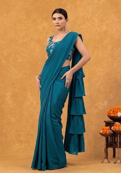 Deep Teal Printed Crepe Pre Draped Saree Set