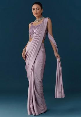 Lilac Sequin Net Pre Draped Saree Set