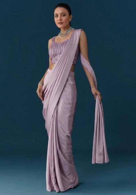 Lilac Sequin Net Pre Draped Saree Set