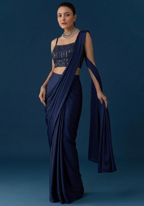 Navy Blue Embroidered Net Pre Draped Saree Set
