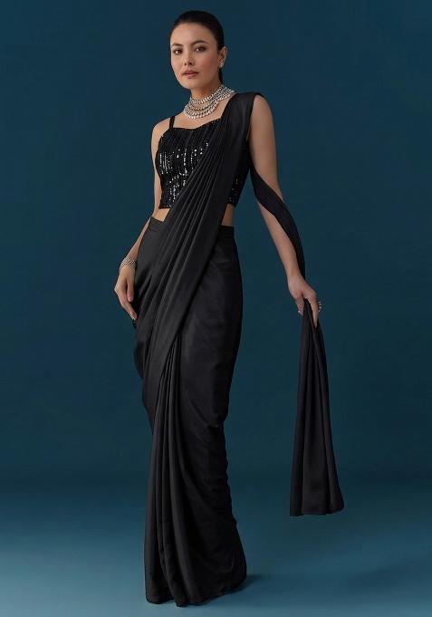 Black Embroidered Net Pre Draped Saree Set