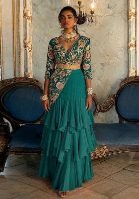 Teal Blue Printed Silk Pre Draped Saree Set