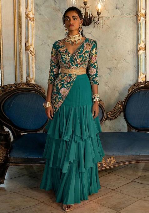 Teal Blue Printed Silk Pre Draped Saree Set