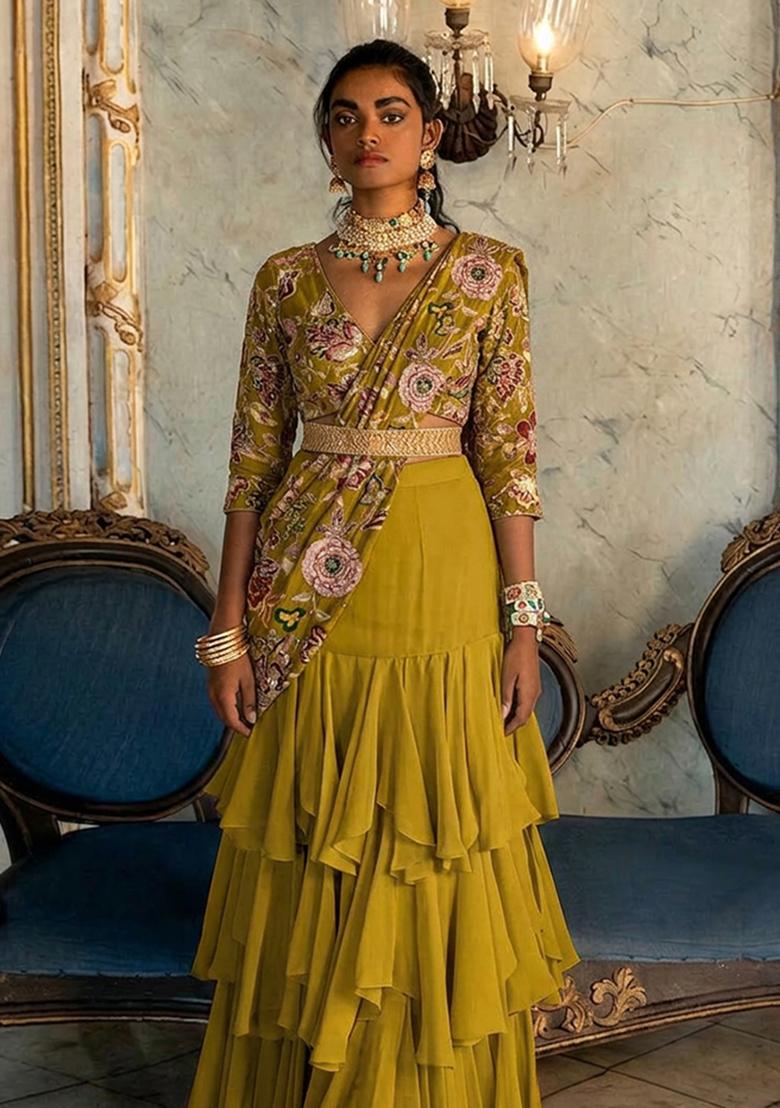 Henna Green Printed Silk Blend Pre Draped Saree Set - Indya