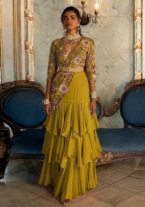 Henna Green Printed Silk Pre Draped Saree Set