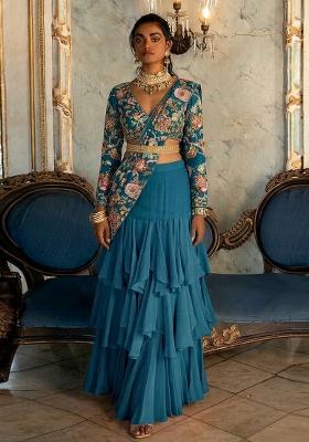 Blue Printed Silk Blend Pre Draped Saree Set