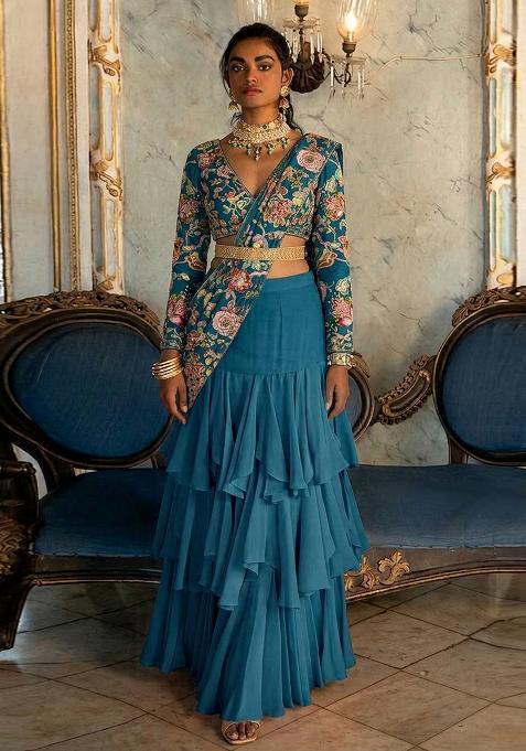 Blue Printed Silk Pre Draped Saree Set