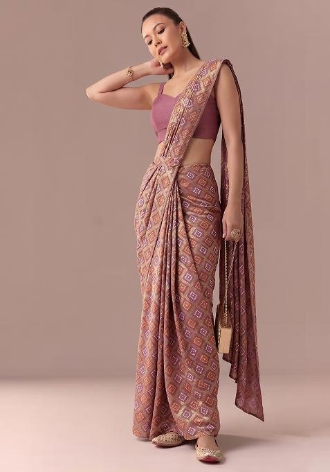 Pink Georgette Pre Draped Saree Set