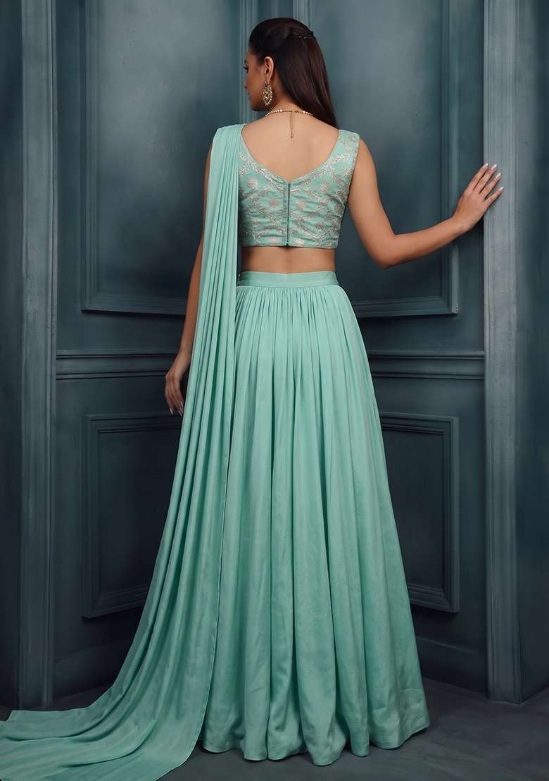 Mint Chanderi Pre Draped Saree Set - Indya