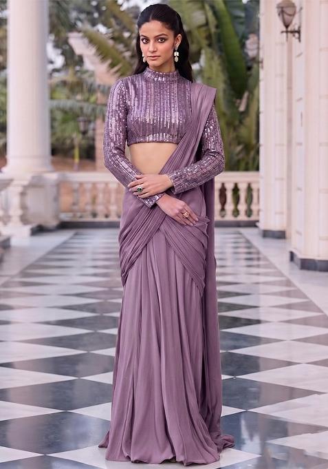 Purple Embroidered Net Pre Draped Saree Set