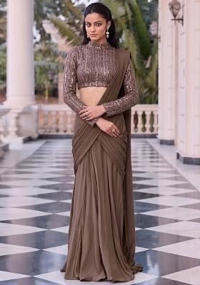 Brown Embroidered Net Pre Draped Saree Set