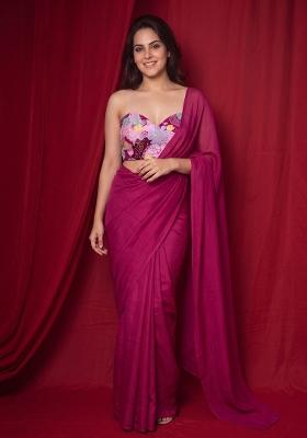 Magenta Pink Printed Crepe Pre Draped Saree Set
