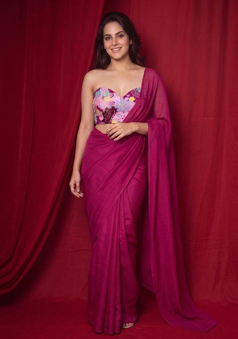 Magenta Pink Printed Crepe Pre Draped Saree Set
