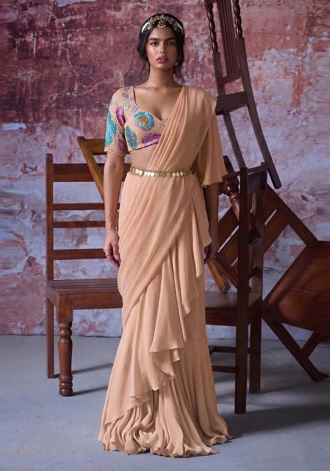 Peach Embroidered Organza Pre Draped Saree Set