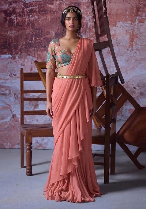 Peach Pink Embroidered Organza Pre Draped Saree Set