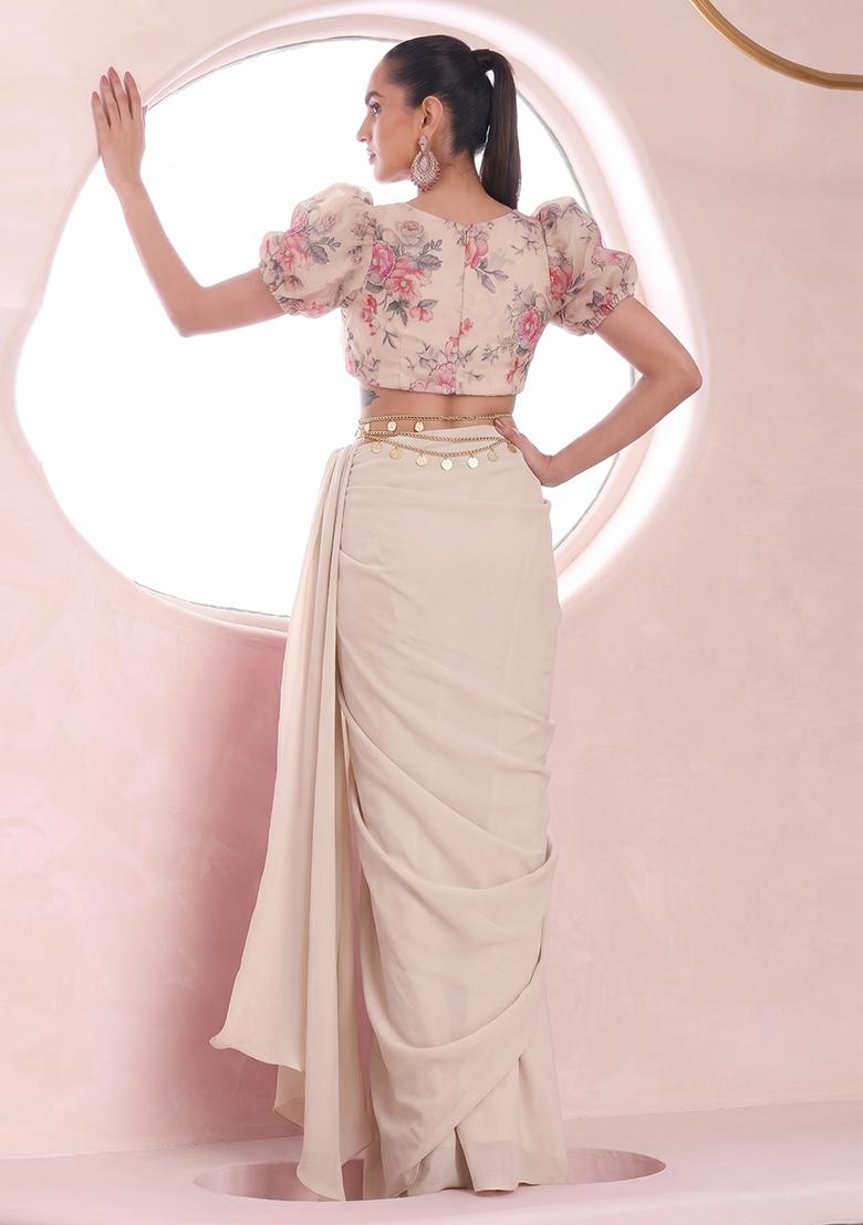 Cream Printed Organza Pre Draped Saree Set - Indya