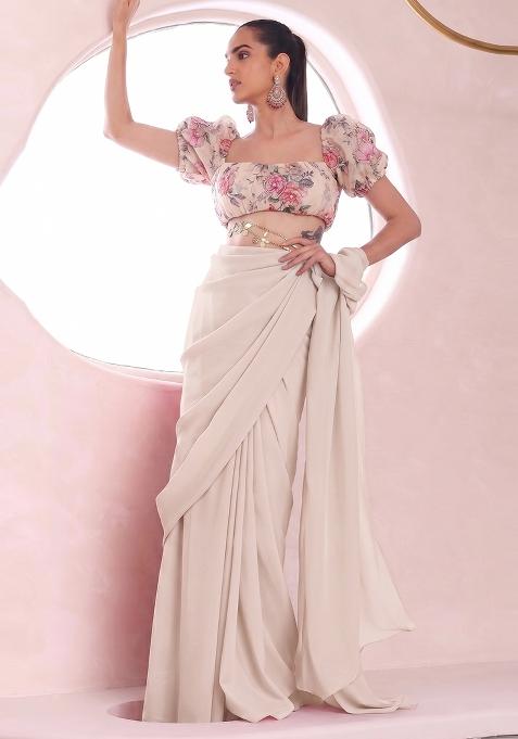 Cream Printed Organza Pre Draped Saree Set