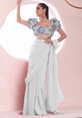 White Printed Organza Pre Draped Saree Set