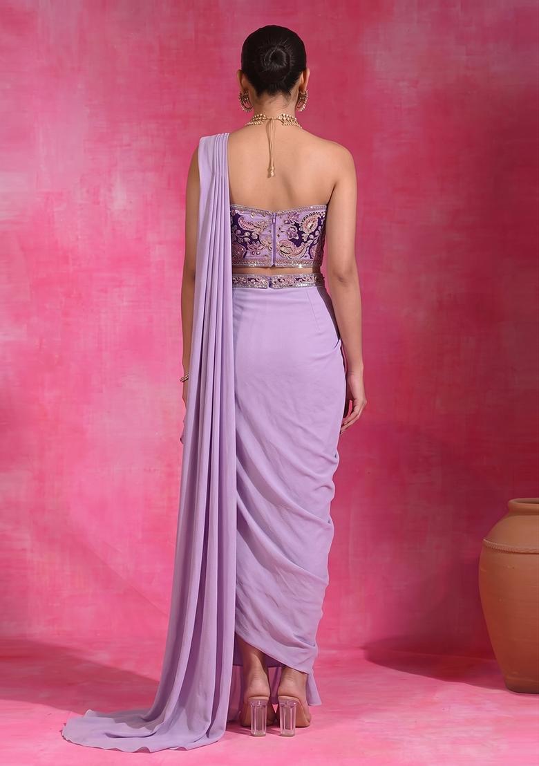 Lavender Printed Crepe Pre Draped Saree Set - Indya
