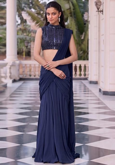 Navy Blue Embroidered Net Pre Draped Saree Set