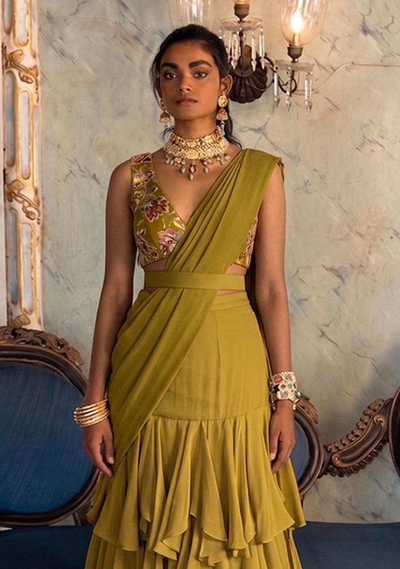 Olive Green Embroidered Silk Blend Pre Draped Saree Set - Indya