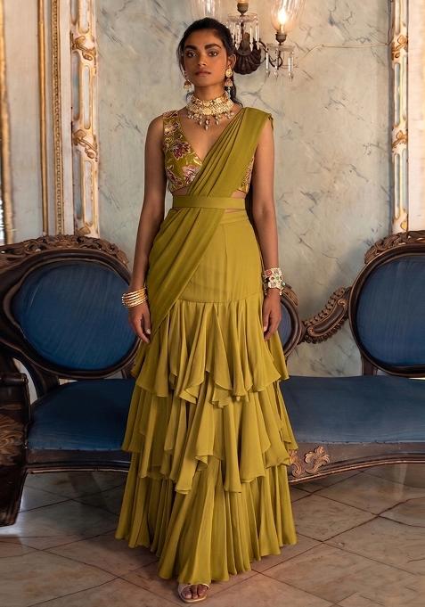 Olive Green Embroidered Silk Pre Draped Saree Set
