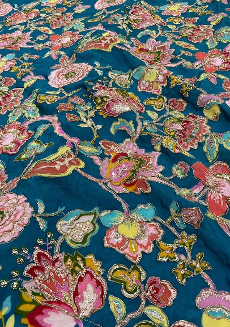 Peacock Blue Embroidered Silk Blend Pre Draped Saree Set - Indya