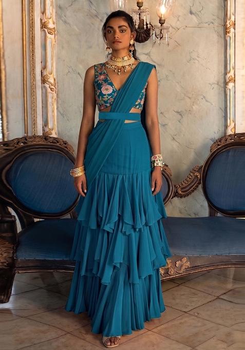 Peacock Blue Embroidered Silk Pre Draped Saree Set
