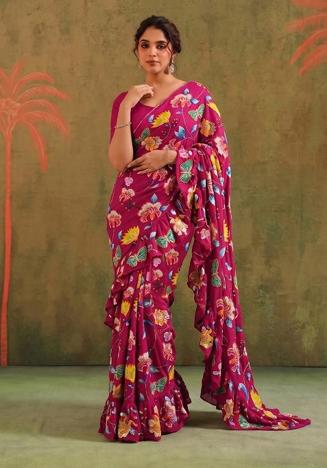 Rani Pink Printed Chinon Pre Draped Saree Set