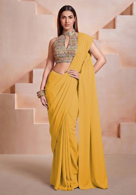 Mustard Embroidered Net Pre Draped Saree Set