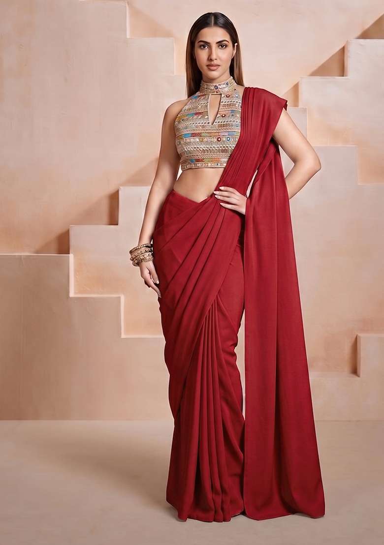 Maroon Embroidered Net Pre Draped Saree Set - Indya