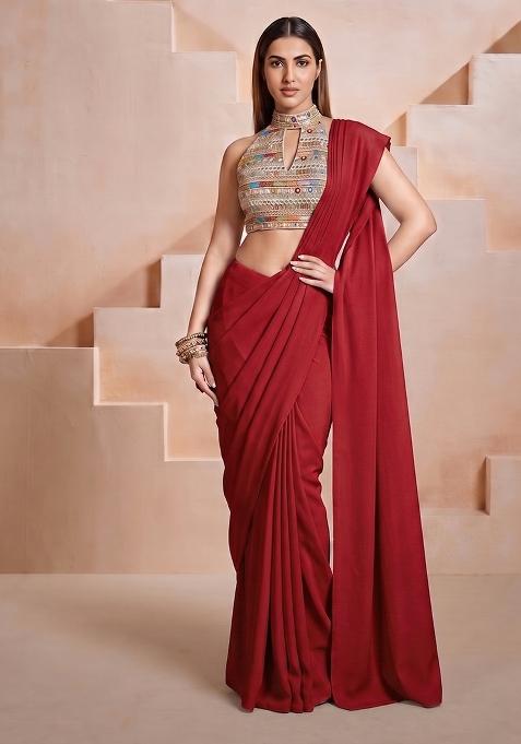 Maroon Embroidered Net Pre Draped Saree Set