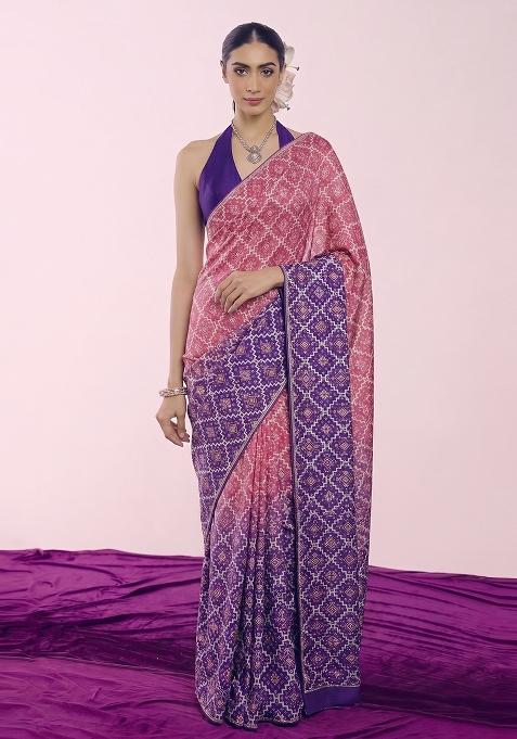 Deep Purple Printed Silk Pre Draped Saree Set