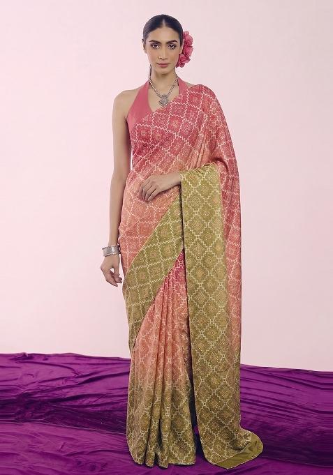 Pink Printed Silk Pre Draped Saree Set
