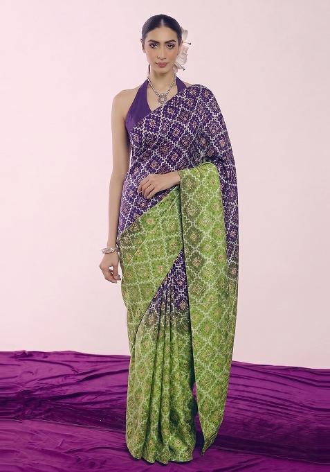 Purple Printed Silk Pre Draped Saree Set