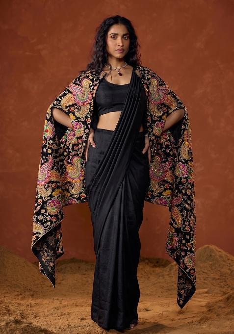 Jet Black Embroidered Crepe Pre Draped Saree Set
