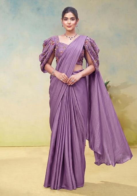 Lavender Zari Cosmos Pre Draped Saree Set