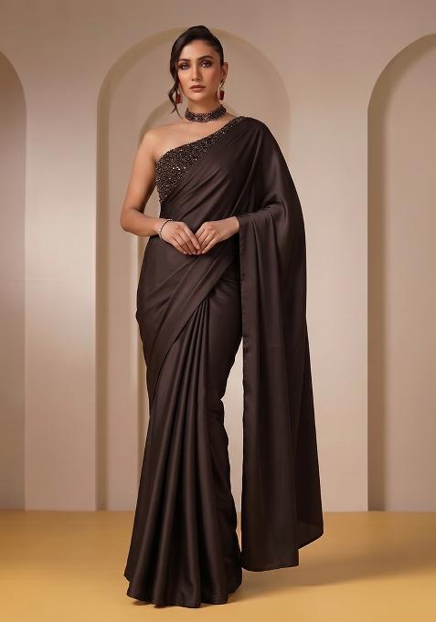 Dark Brown Sequin Net Pre Draped Saree Set