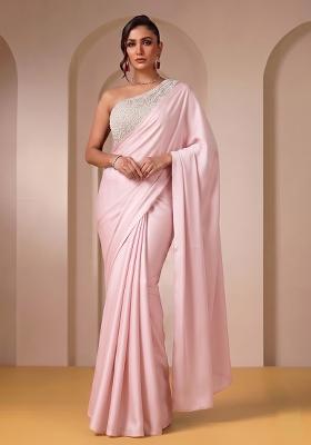 Soft Pink Sequin Net Pre Draped Saree Set