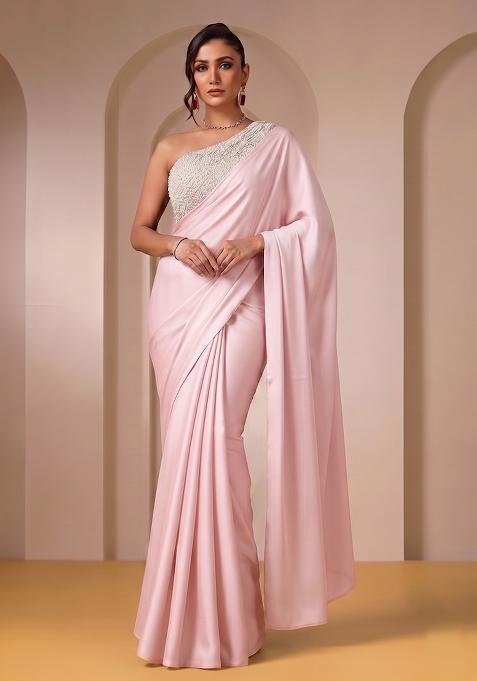 Soft Pink Sequin Net Pre Draped Saree Set