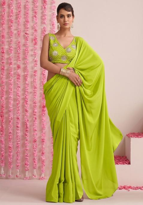 Lime Green Printed Crepe Pre Draped Saree Set