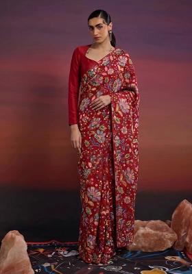 Red Printed Crepe Pre Draped Saree Set