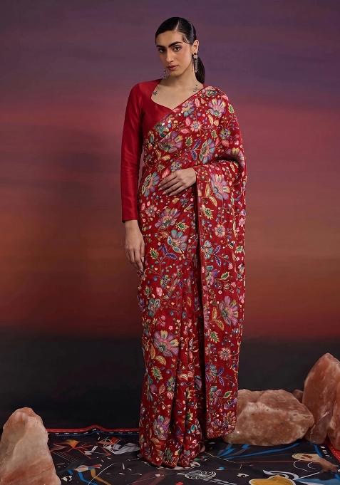 Red Printed Crepe Pre Draped Saree Set