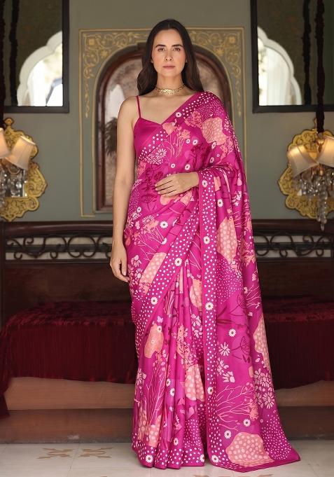 Magenta Pink Printed Satin Pre Draped Saree Set